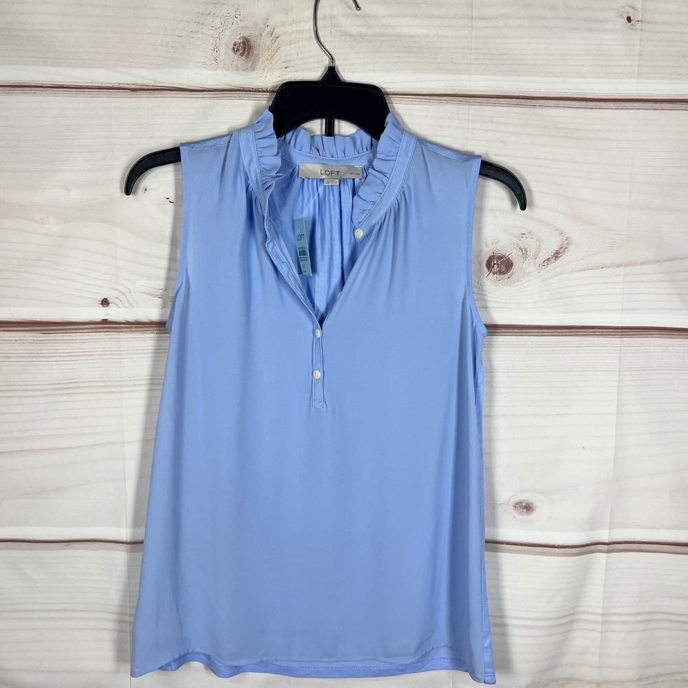 LOFT Ruffle Neck Top Womens PXS Blue Solid Sleeveless Shell Office Wear Pullover